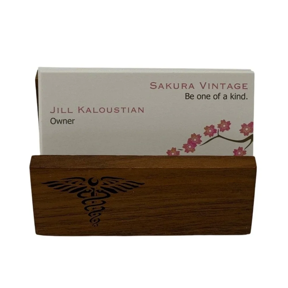 Vintage Wooden Business Card Holder with Caduceus Medical Desk Decor Doctor Gift